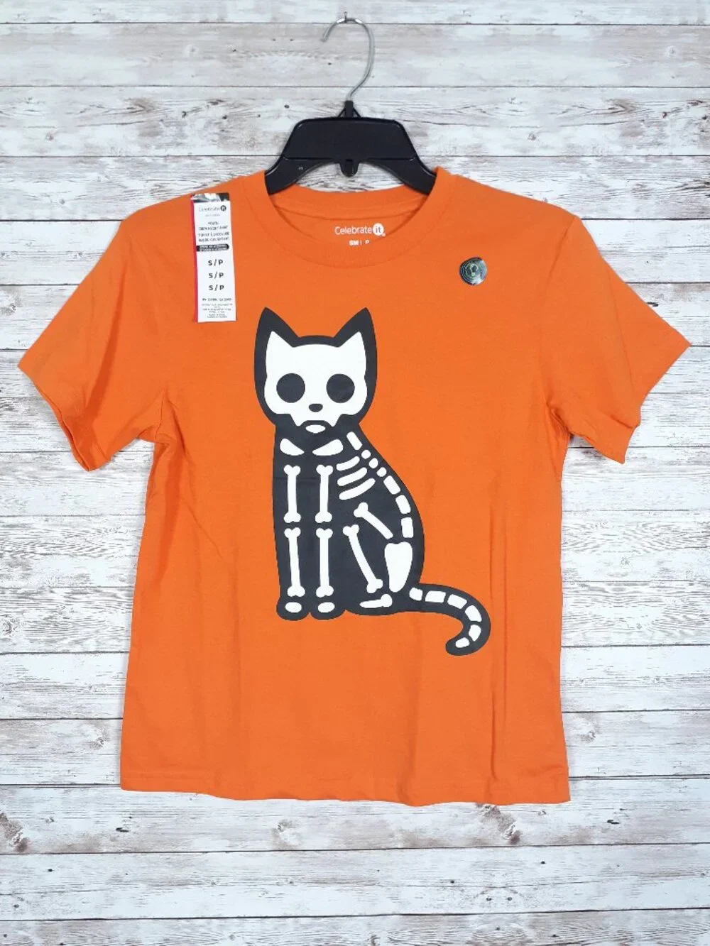 Halloween Youth T Shirt Kids Tee Cat Skeleton Orange Glow in the Dark 972A